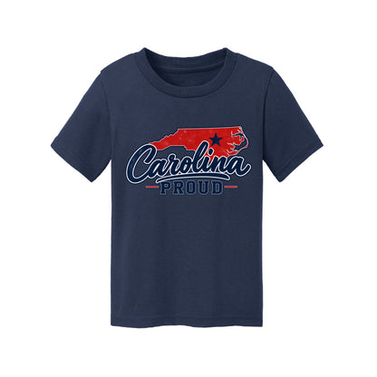 Carolina Proud No Fear Toddler Tee featuring a navy shirt with the Carolina map and bold text.