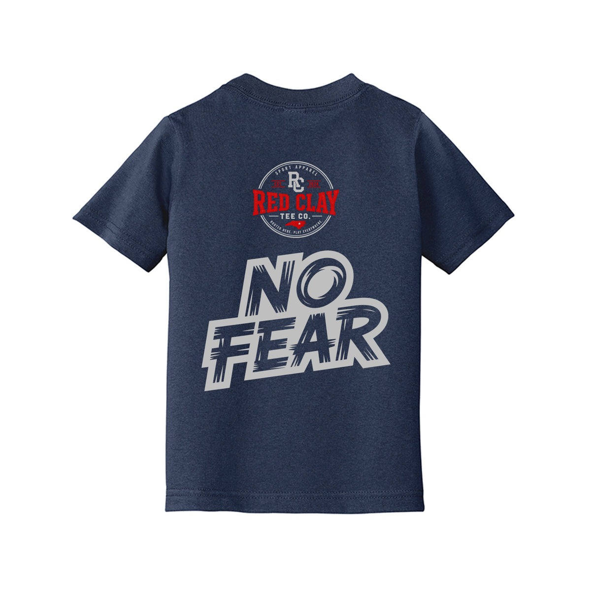 Carolina Proud No Fear Toddler Tee featuring a navy shirt with the Carolina map and bold text.