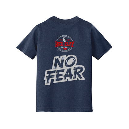 Carolina Proud No Fear Toddler Tee featuring a navy shirt with the Carolina map and bold text.