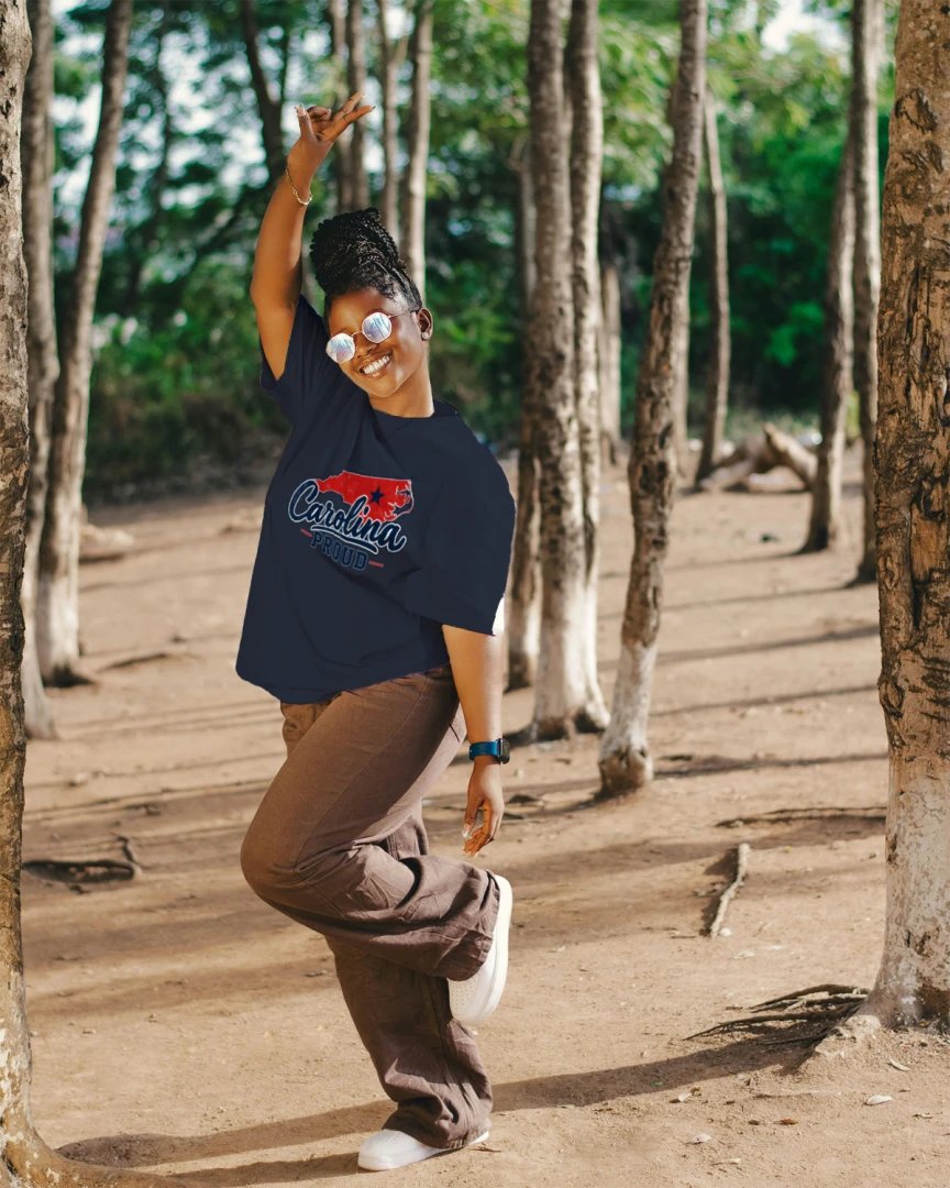 Carolina Proud No Fear Toddler Tee featuring a navy shirt with the Carolina map and bold text.