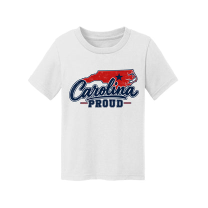Carolina Proud No Fear Toddler Tee featuring a navy shirt with the Carolina map and bold text.