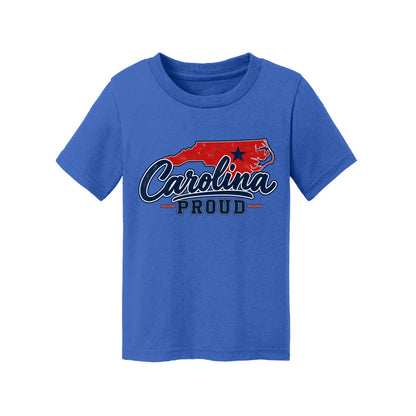 Carolina Proud No Fear Toddler Tee featuring a navy shirt with the Carolina map and bold text.