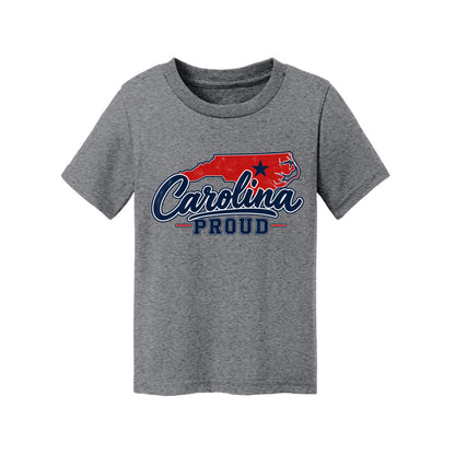 Carolina Proud No Fear Toddler Tee featuring a navy shirt with the Carolina map and bold text.