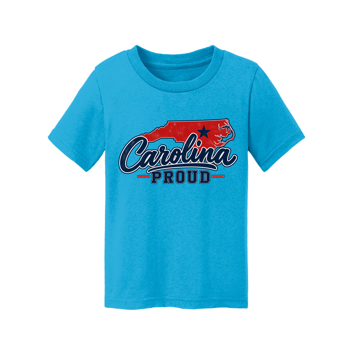 Carolina Proud No Fear Toddler Tee featuring a navy shirt with the Carolina map and bold text.