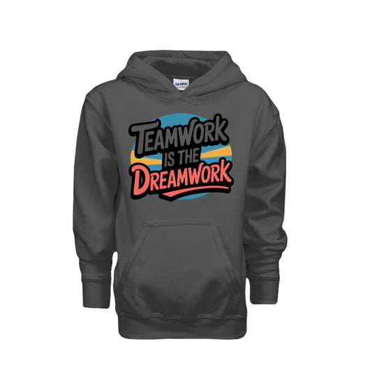 Teamwork Is the Dreamwork Youth Hoodie featuring bold graphics on a navy background.