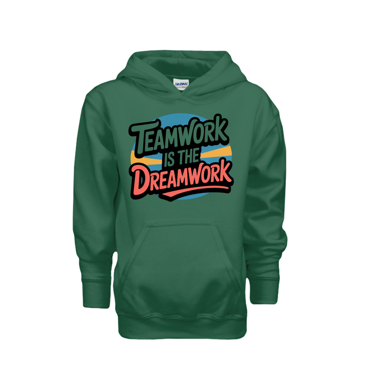 Teamwork Is the Dreamwork Youth Hoodie featuring bold graphics on a navy background.