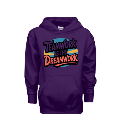 Teamwork Is the Dreamwork Youth Hoodie featuring bold graphics on a navy background.