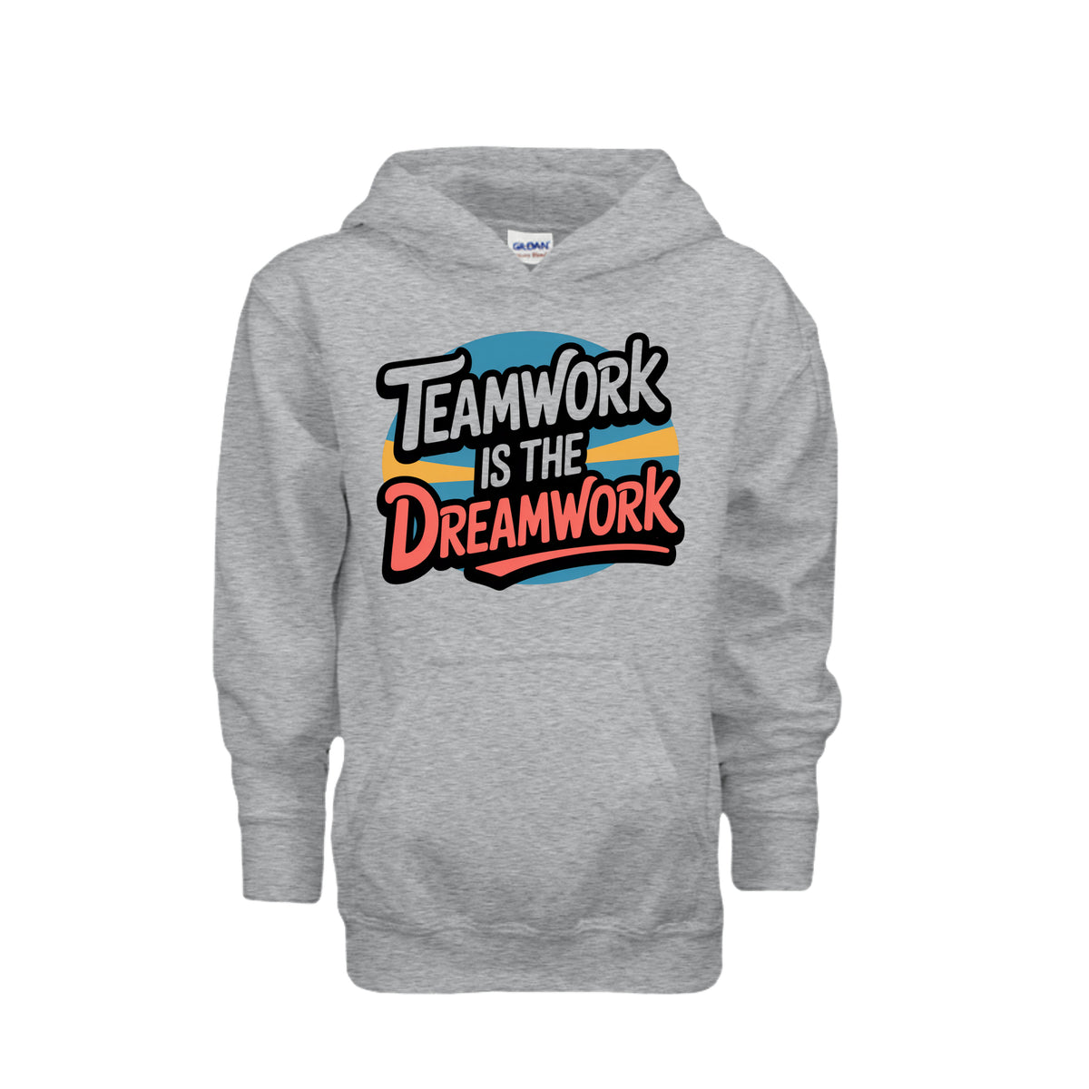 Teamwork Is the Dreamwork Youth Hoodie featuring bold graphics on a navy background.