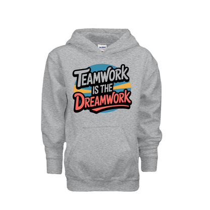 Teamwork Is the Dreamwork Youth Hoodie featuring bold graphics on a navy background.