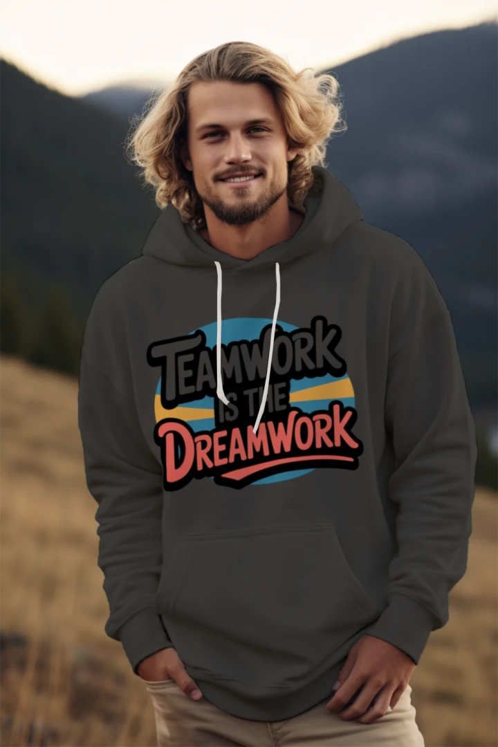 Teamwork Is the Dreamwork Youth Hoodie featuring bold graphics on a navy background.