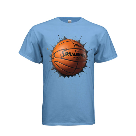 Adult basketball Blast graphic tee featuring a bold basketball graphic exploding on a blue shirt.