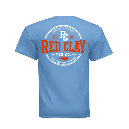 Adult basketball Blast graphic tee featuring a bold basketball graphic exploding on a blue shirt.