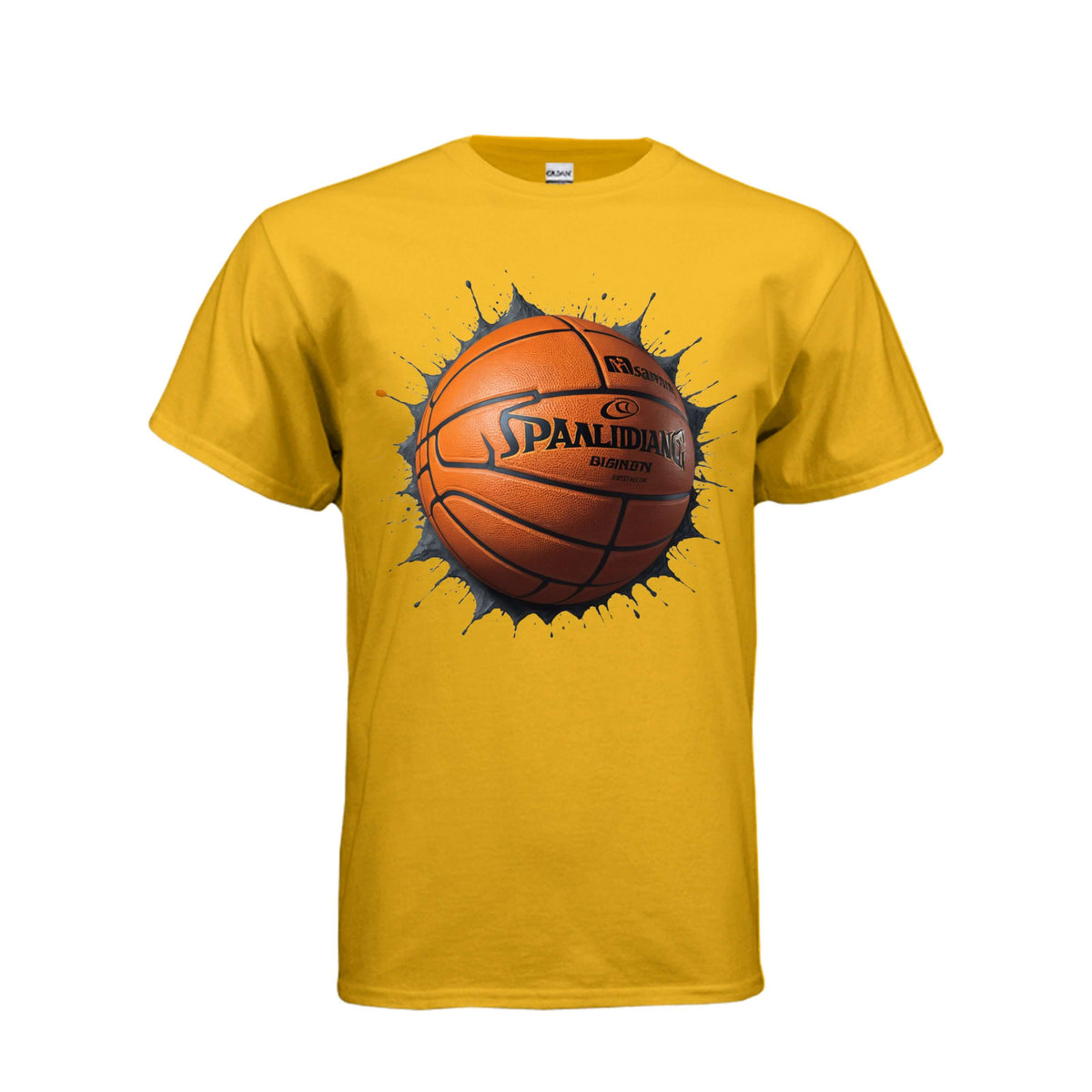 Adult basketball Blast graphic tee featuring a bold basketball graphic exploding on a blue shirt.