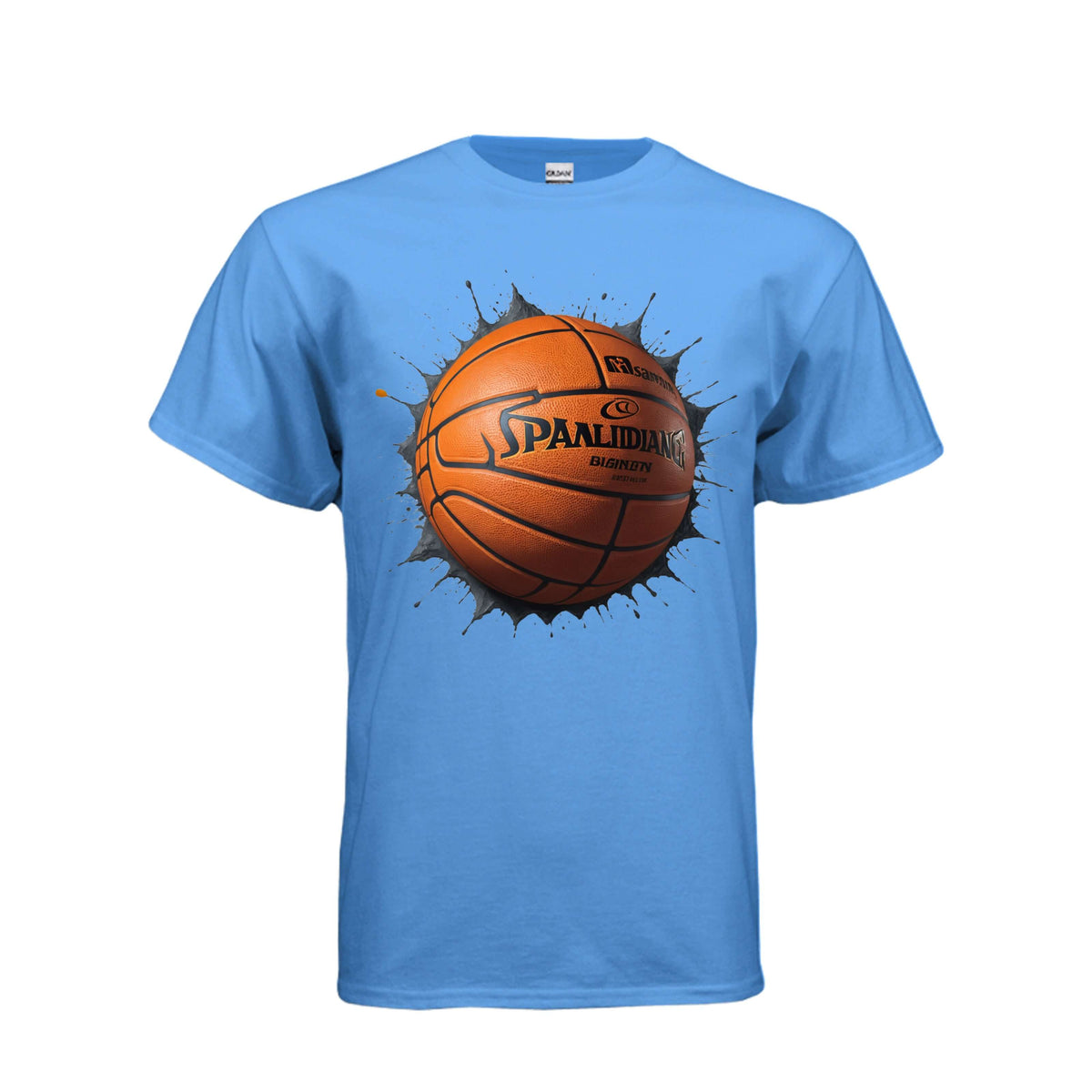 Adult basketball Blast graphic tee featuring a bold basketball graphic exploding on a blue shirt.