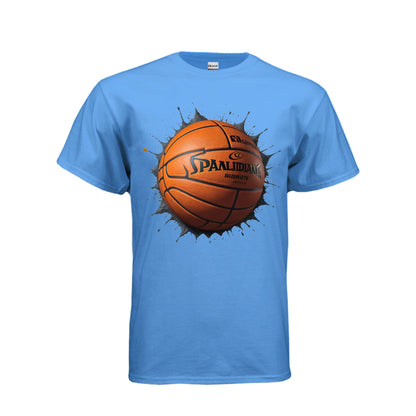 Adult basketball Blast graphic tee featuring a bold basketball graphic exploding on a blue shirt.
