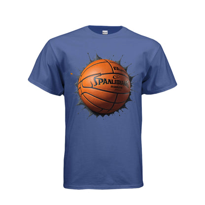 Adult basketball Blast graphic tee featuring a bold basketball graphic exploding on a blue shirt.