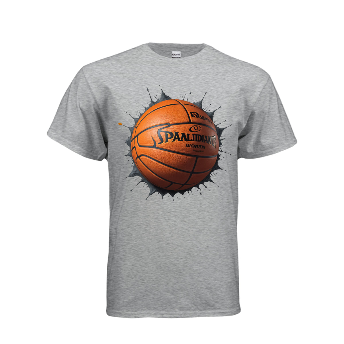 Adult basketball Blast graphic tee featuring a bold basketball graphic exploding on a blue shirt.