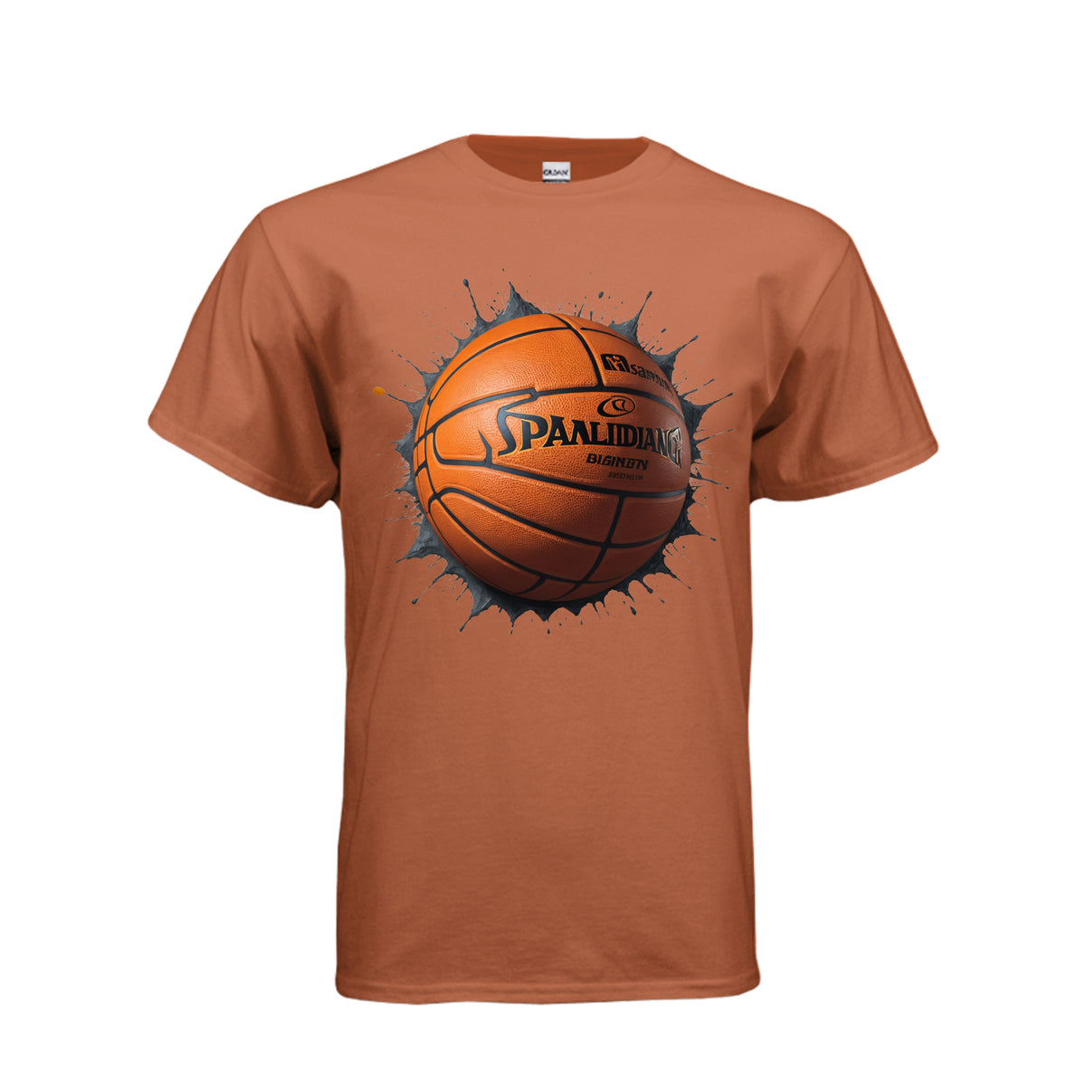 Adult basketball Blast graphic tee featuring a bold basketball graphic exploding on a blue shirt.