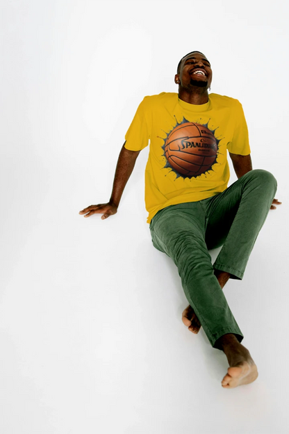 Adult basketball Blast graphic tee featuring a bold basketball graphic exploding on a blue shirt.