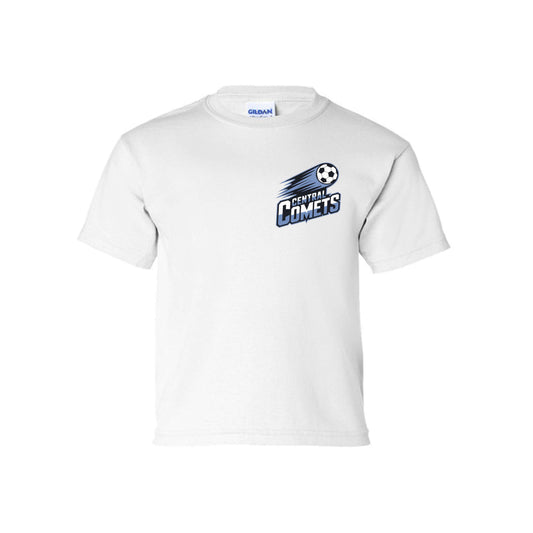 Central Comets Youth T-Shirt featuring the team logo on a white tee for young athletes.