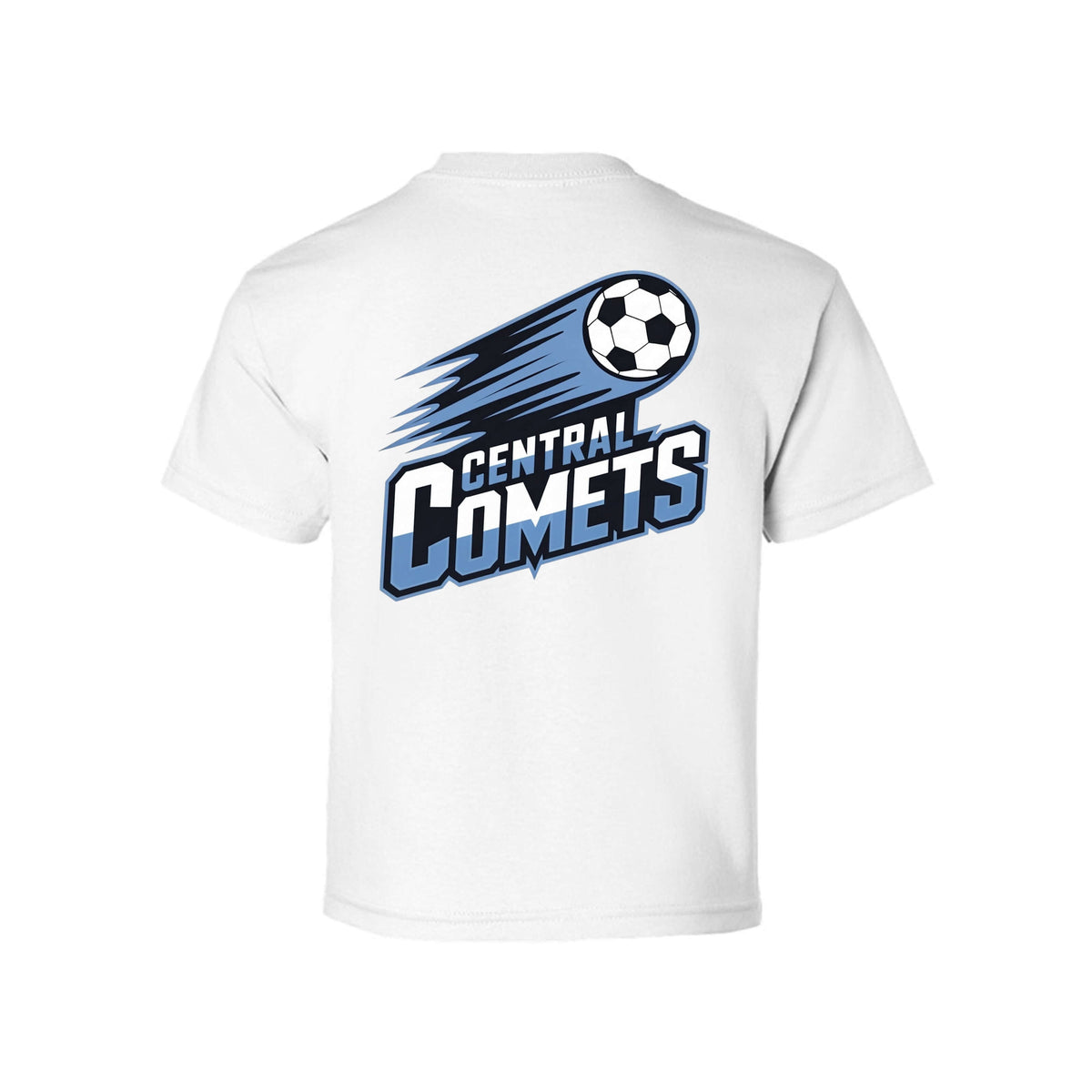 Central Comets Youth T-Shirt featuring the team logo on a white tee for young athletes.